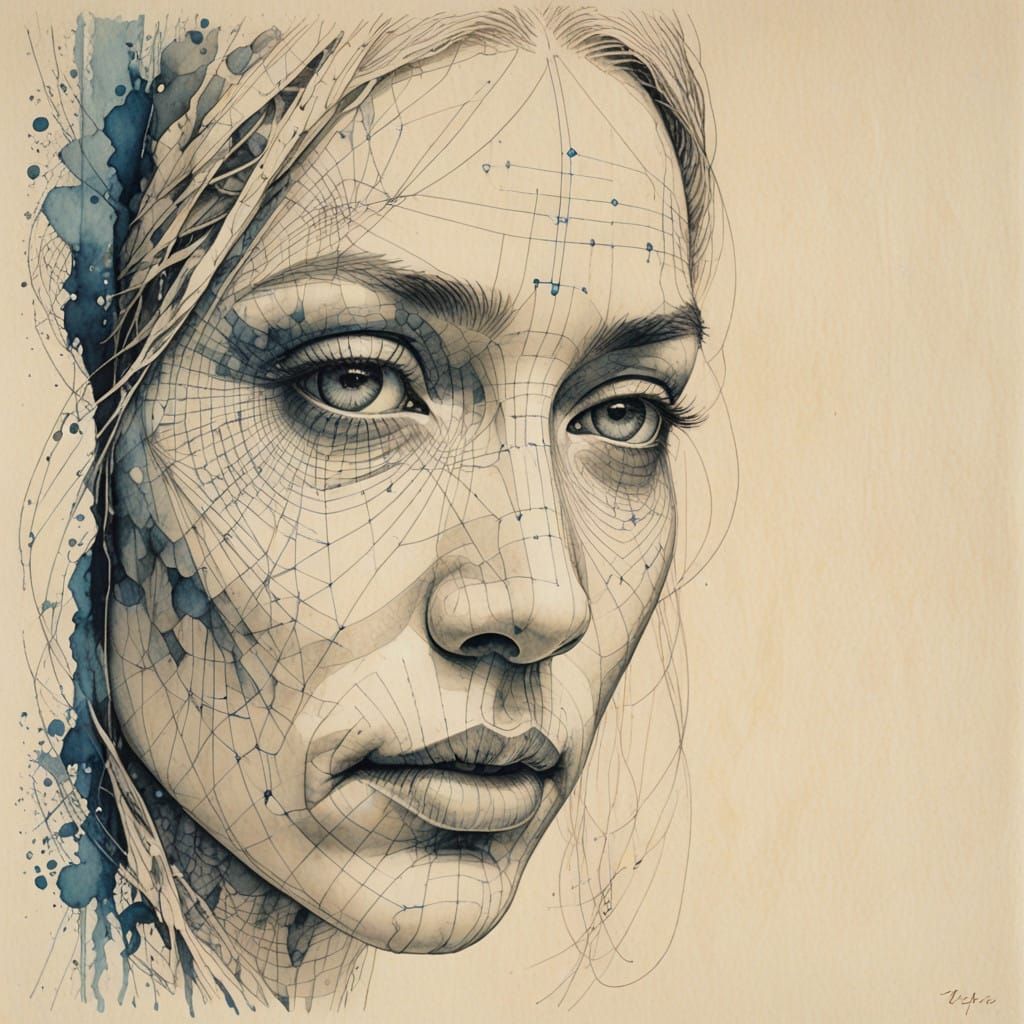 Ethereal Portrait of Melancholy in Whimsical Watercolor and...
