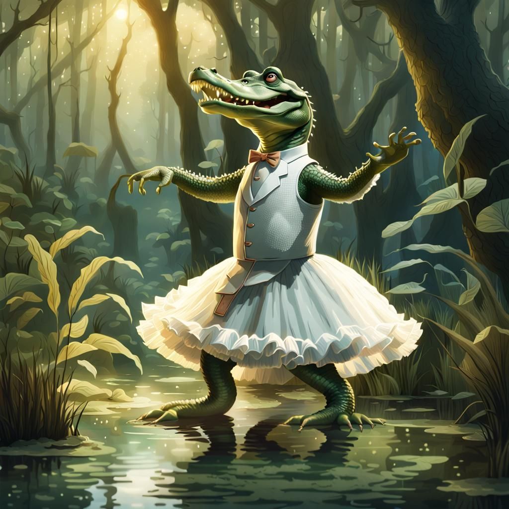 Alligator Ballerina in Swamp: Digital Illustration
