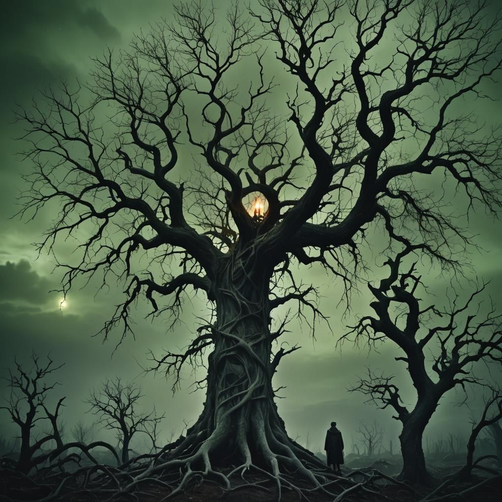 Haunting Figure in Eerie Dark Surrealist Landscape