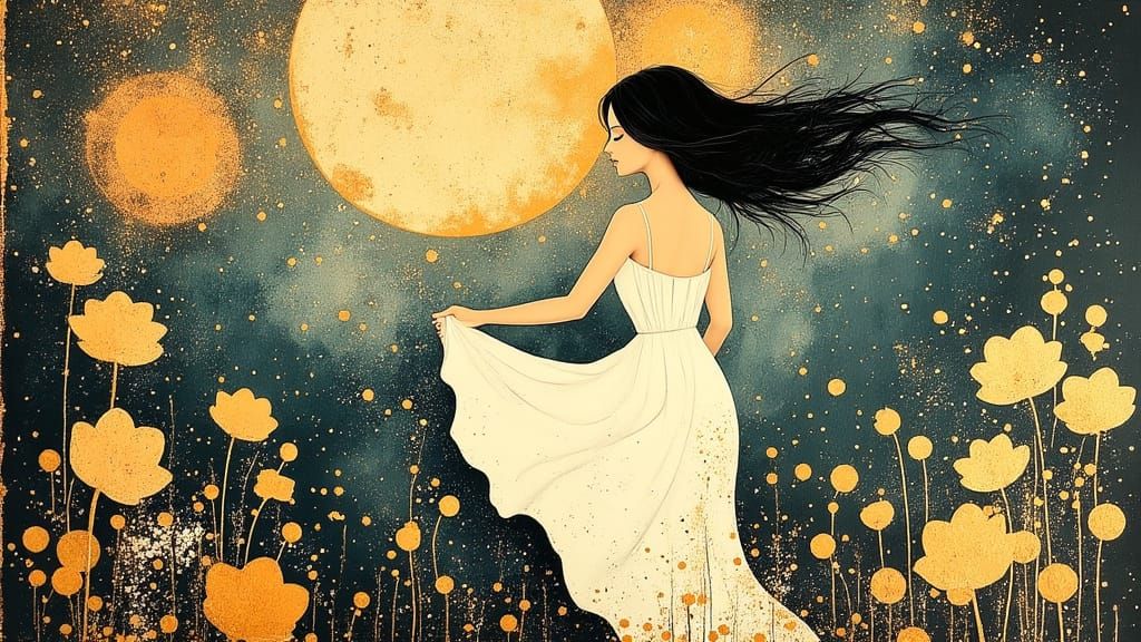 Whimsical Woman in a Lush Garden at Dusk