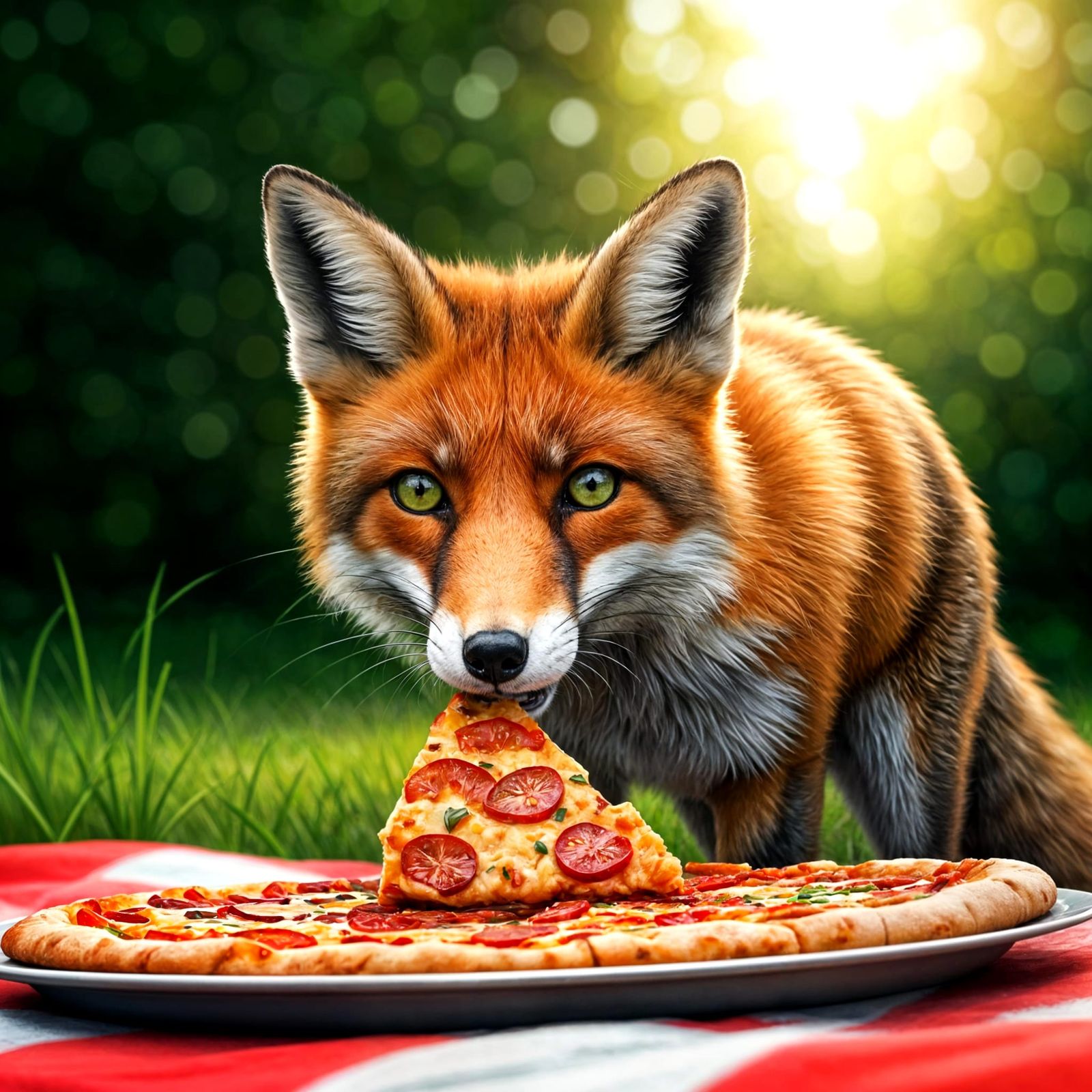 Red Fox Stealing Pizza in Sunlight
