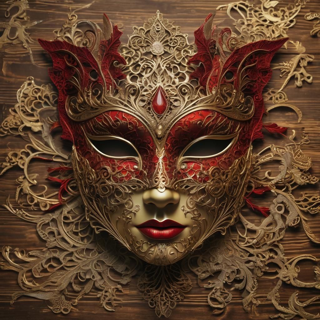 Shimmering Red and Gold Lace Mask on Desk