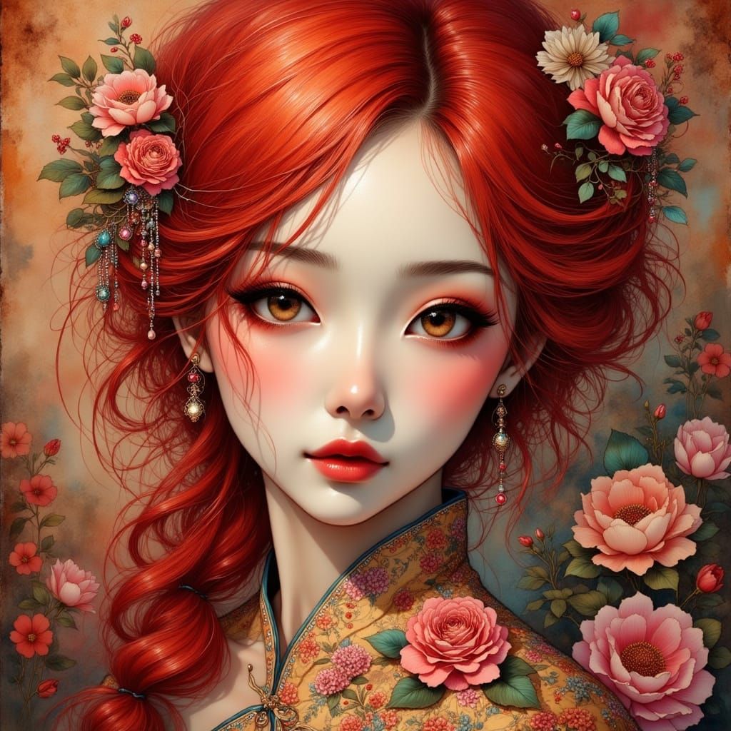 Ethereal Red Haired Beauty in Vibrant Traditional Chinese At...