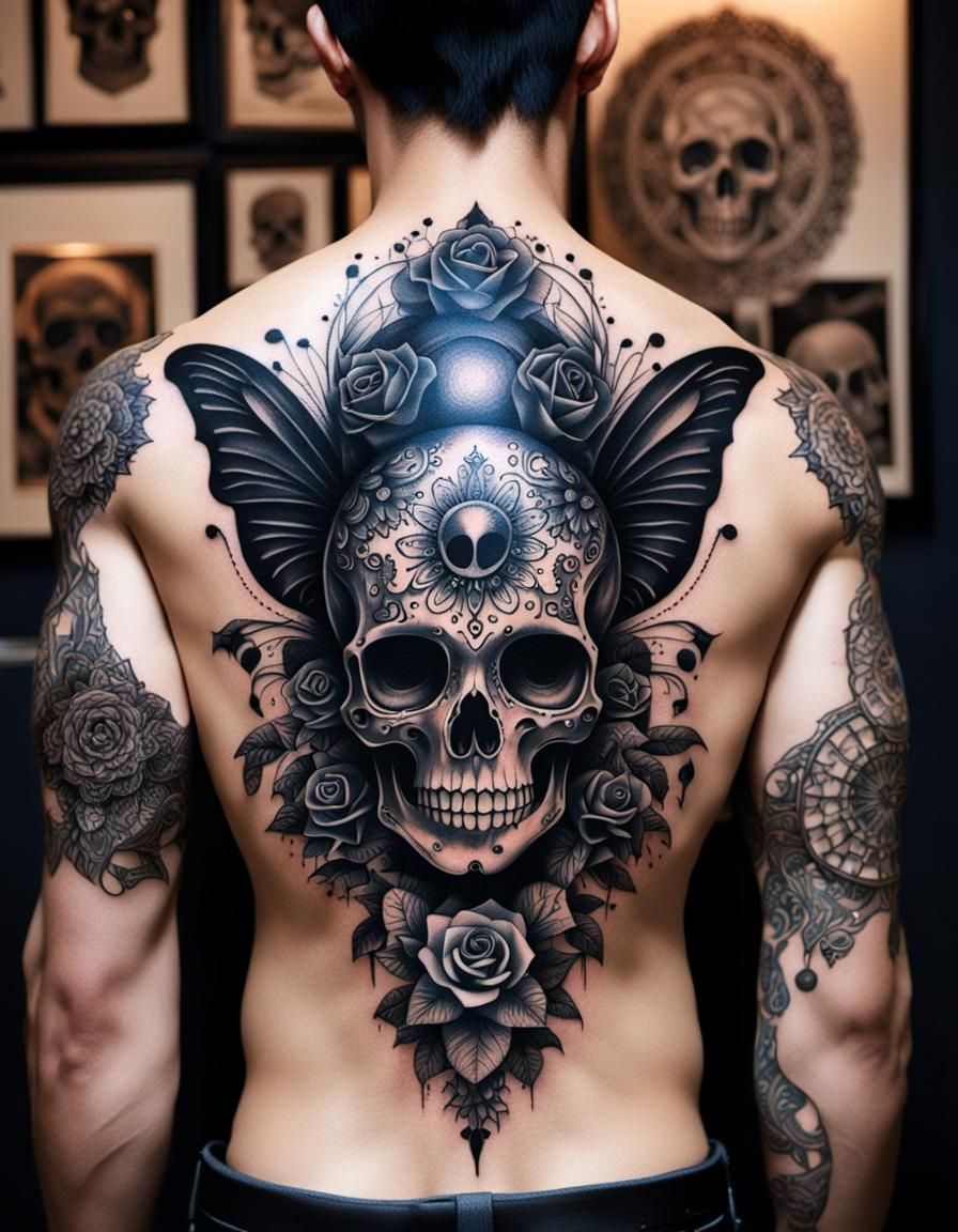 Intricate Fairy Skull Tattoo in Vantablack Ink