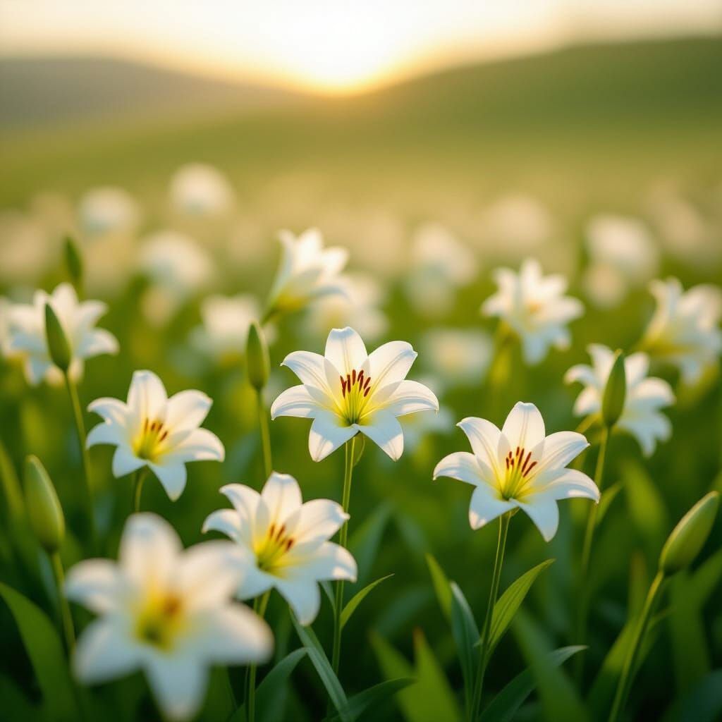Serene White Lily Field in Golden Hour Light