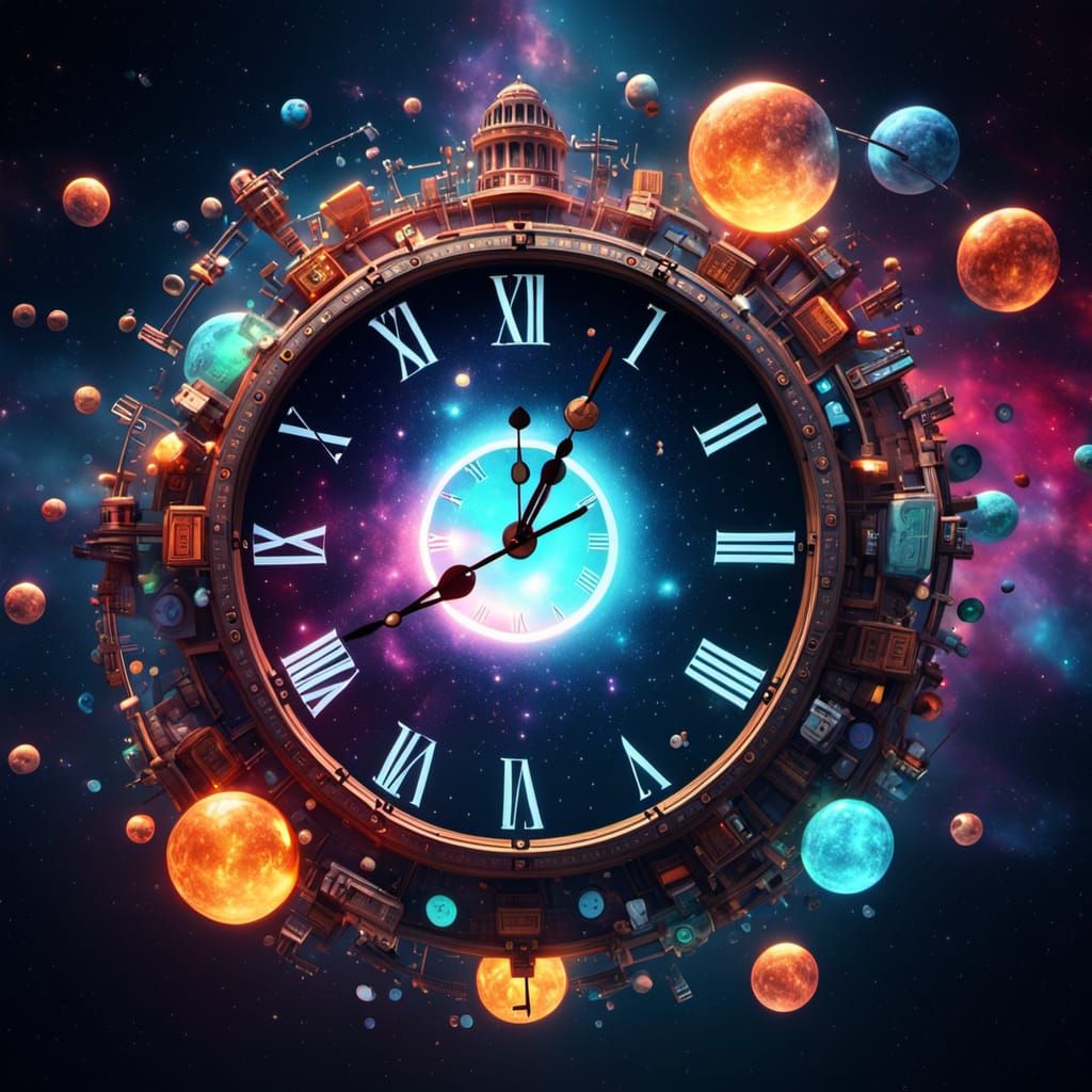 Clock in Space: Surreal Digital Art Dreamscape