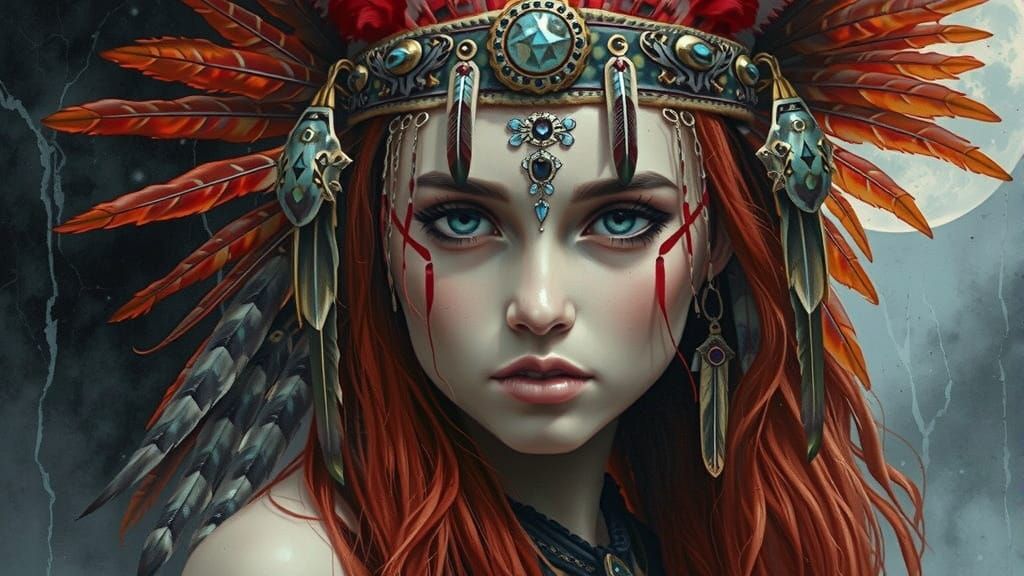 Red-Haired Girl in Headdress: Surreal Cinematic Scene