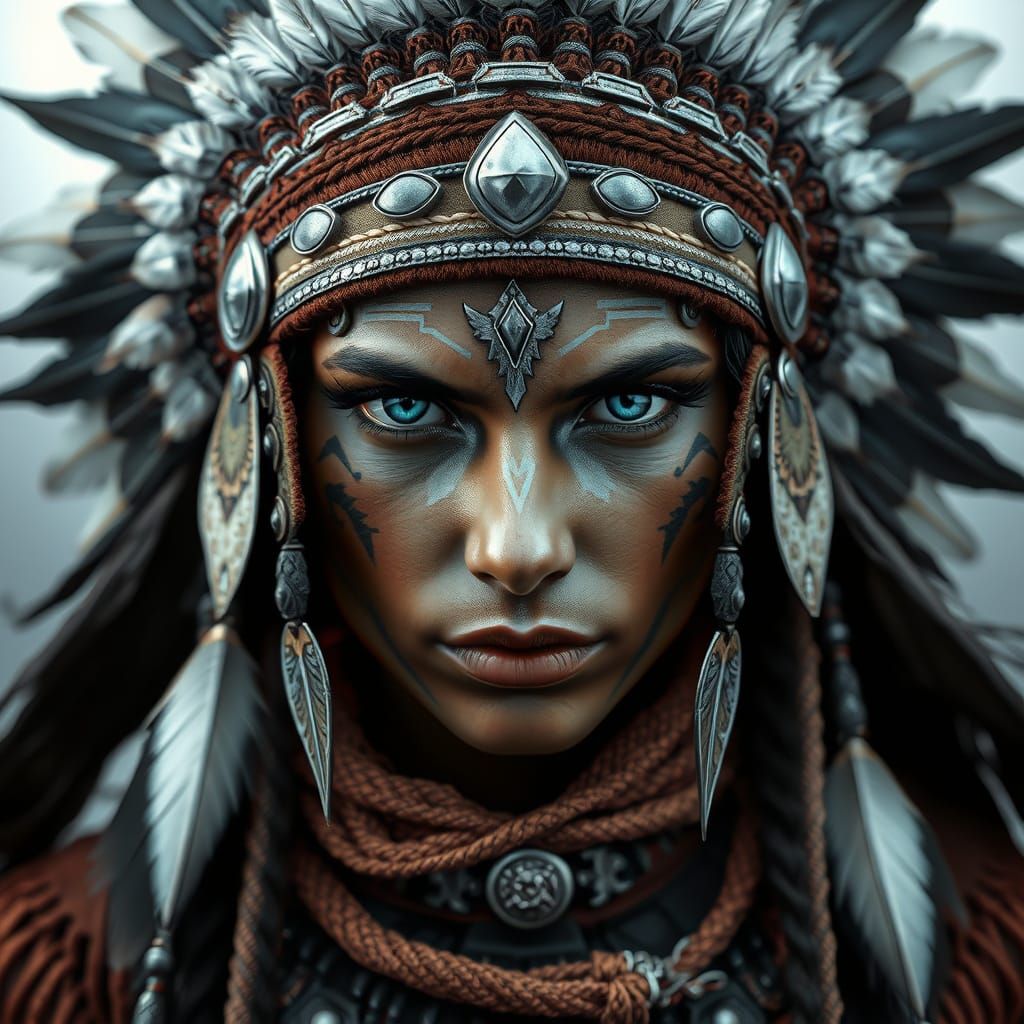 Native American Woman in Traditional Headdress with Feathers...