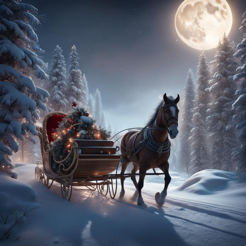 Christmas Sleigh Ride by Moonlight, Fantasy Concept Art
