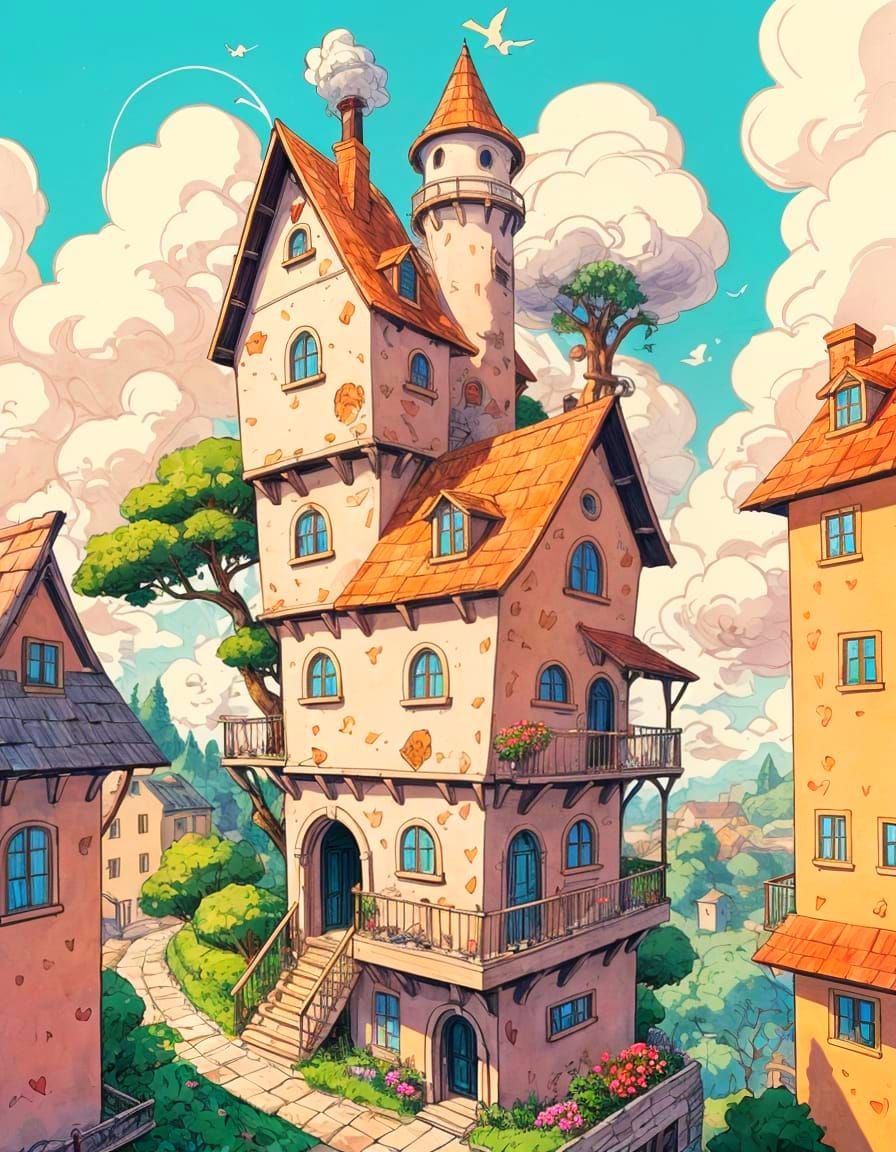 Whimsical Cartoon House with Heart-Shaped Smoke, Watercolor