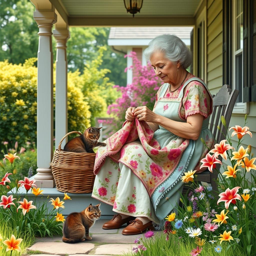 Grandmother Crocheting on Porch in Storybook Style