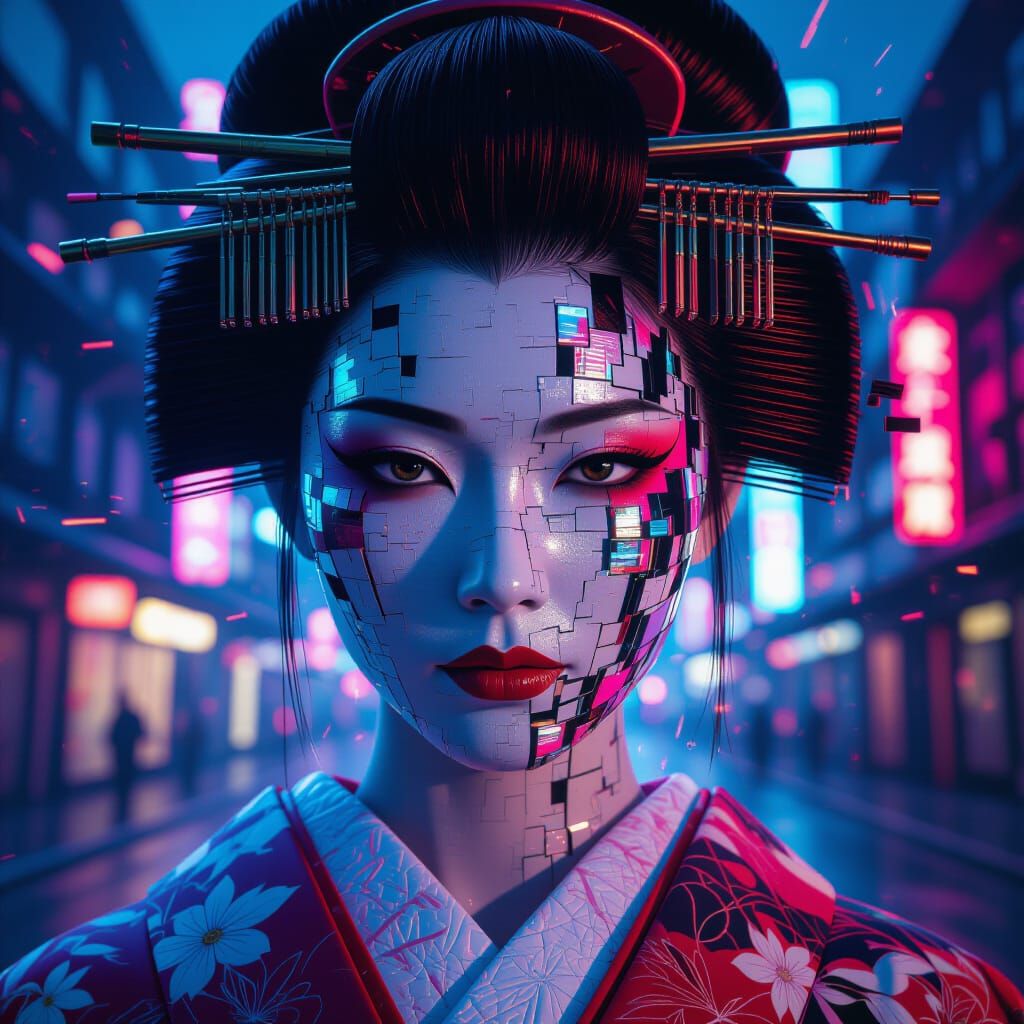 Neon Cyberpunk Geisha Glitch Art Portrait