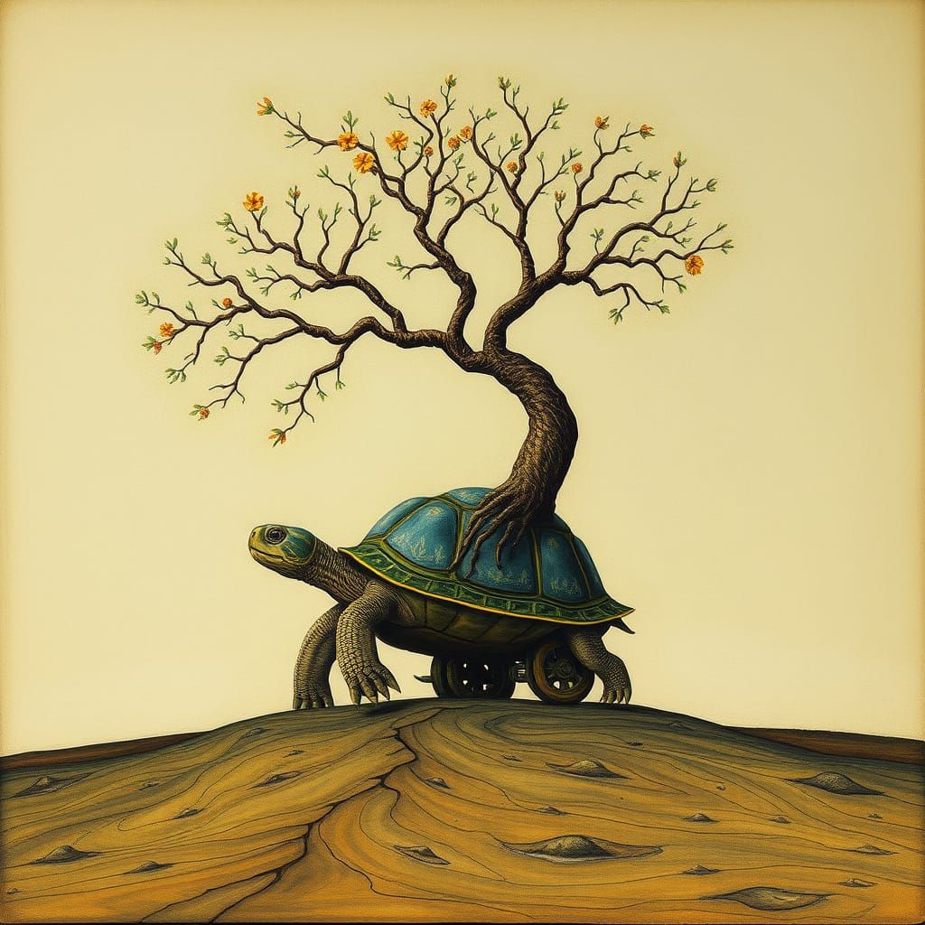 Tree Emerges from a Surreal Turtle in Vibrant Colors
