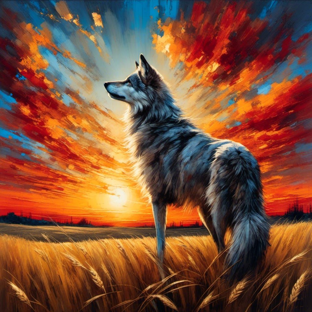 Wolf in Wheat Field: Expressionist Impasto Painting