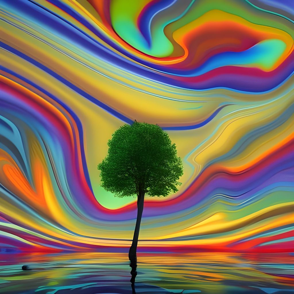 Seasons Tree in Lake: Detailed Airbrush Illustration