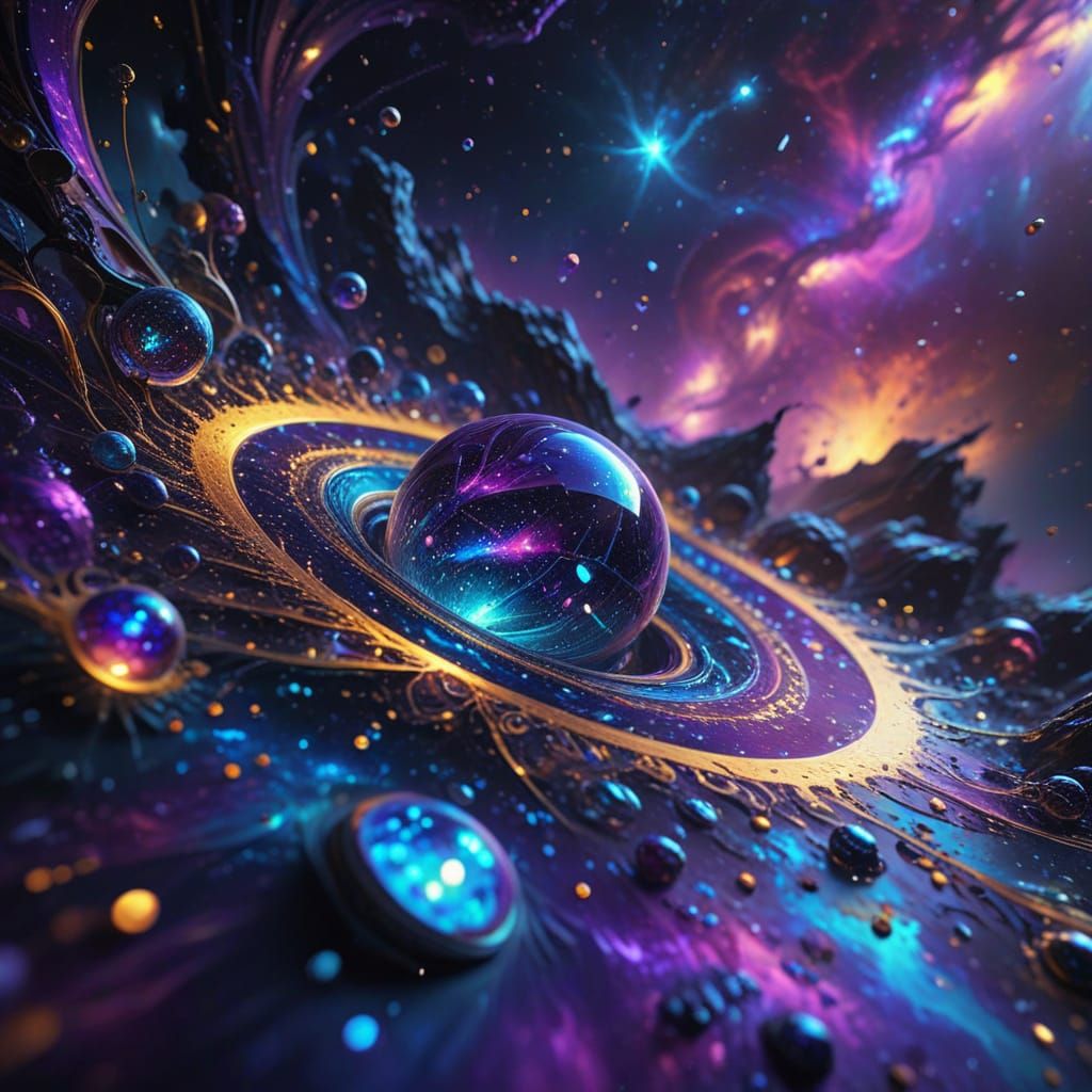 Multiverse in Iridescent Droplets: Cosmic Fantasy Art