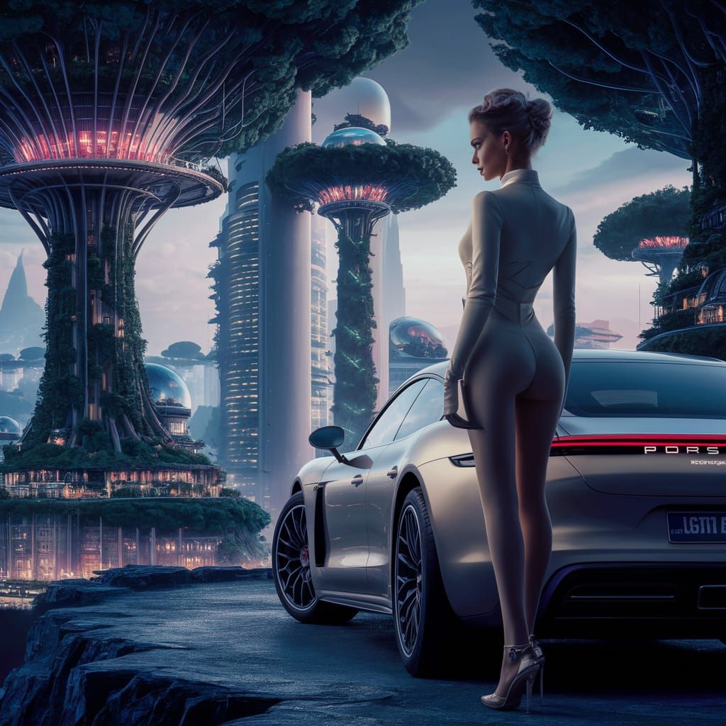 Futuristic Woman and Car Overlooking Neon Cityscape