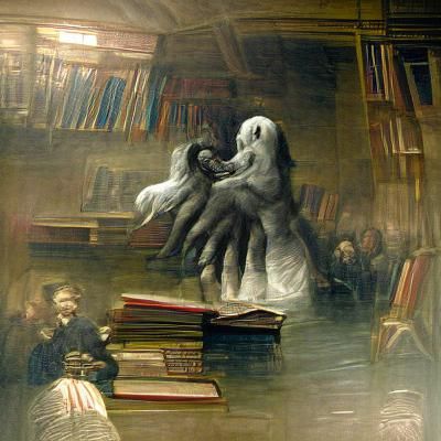 Ghostly Hand in Haunted Library, Horror Illustration