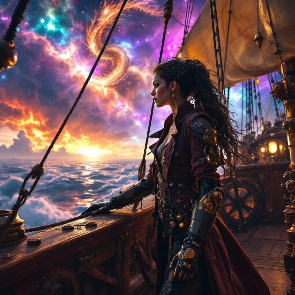 Steampunk Pirate Queen on Airship in Nebula