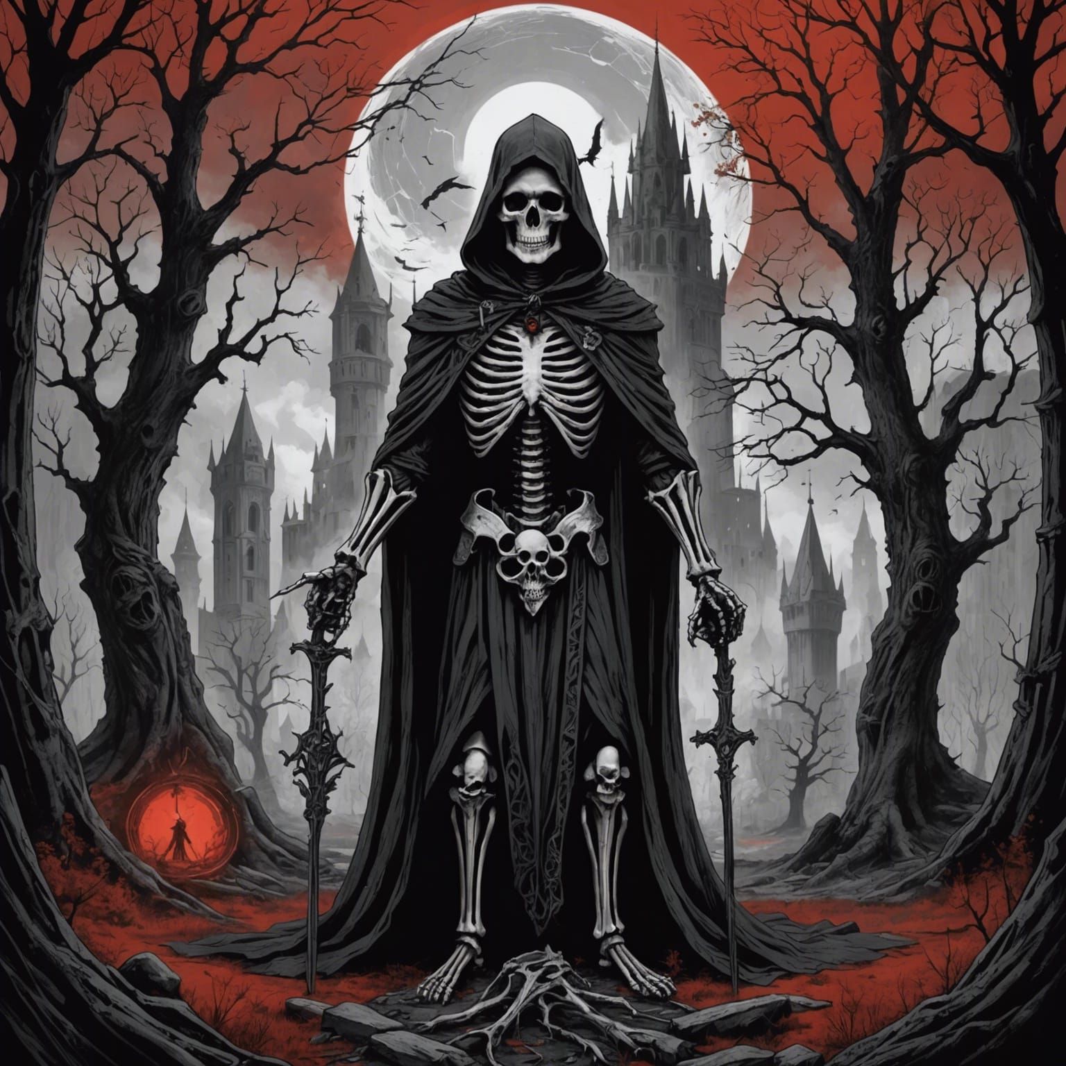 Tarot Card The Tower Skeleton in Horror Style