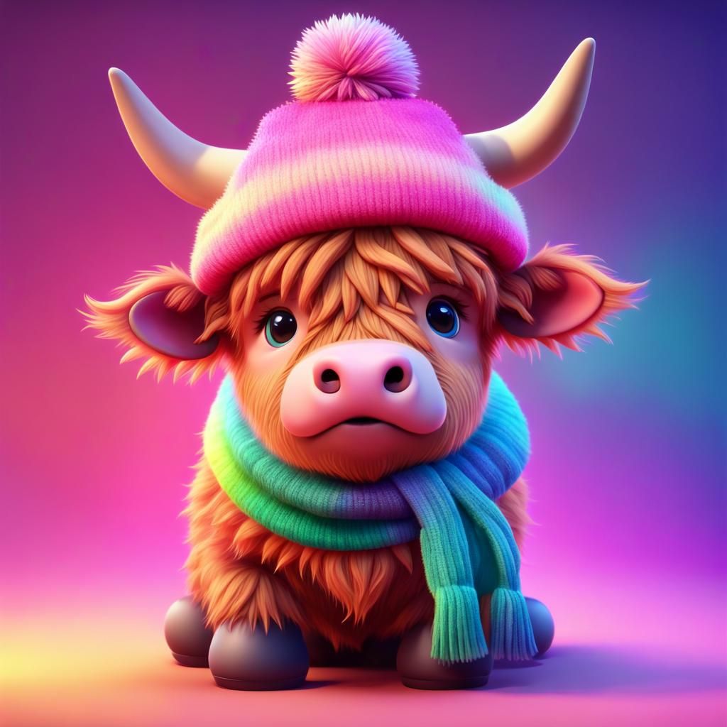 Fluffy Pink Highland Cow in 3D Digital Art