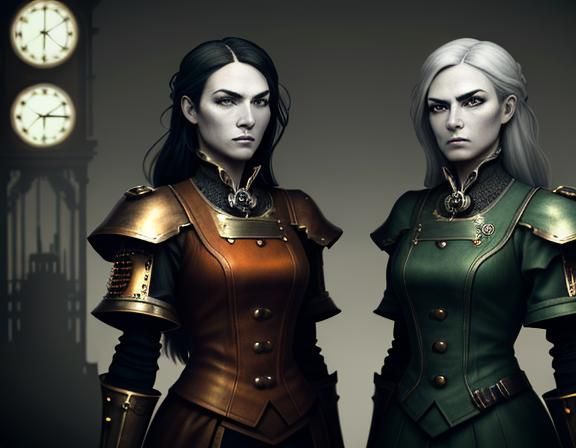 Steampunk Time Machine with Twin Sisters: Dark Fantasy Art