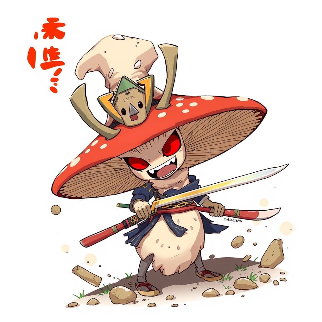 Manga-Style Samurai Mushroom in Anime Key Visual Art