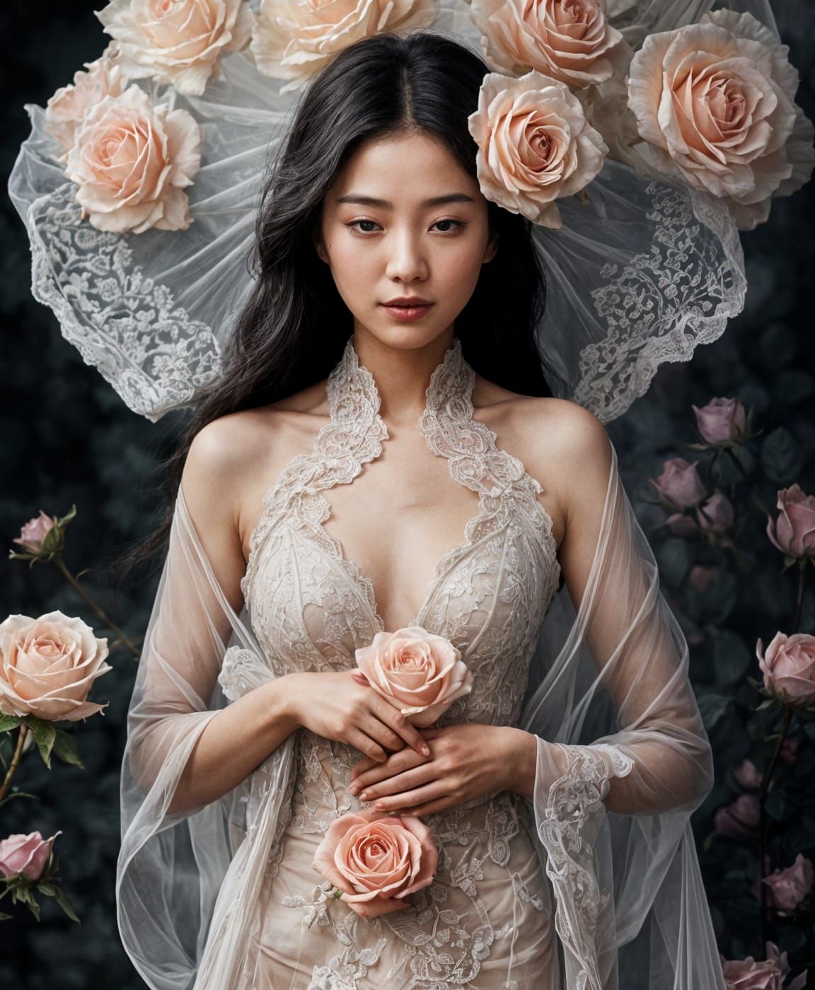 Serene Asian Goddess Emerging from a Majestic Rose