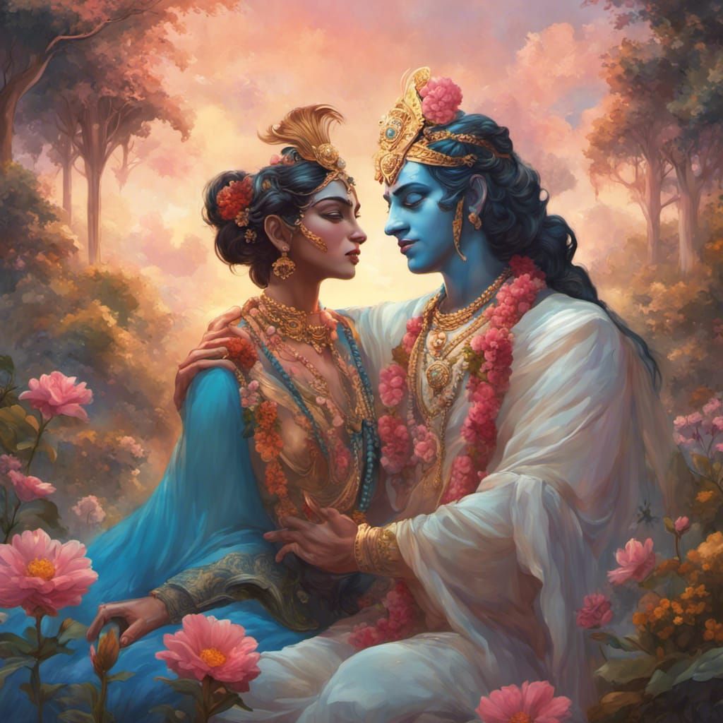 Radha Krishna in Garden, Hyperdetailed Digital Art