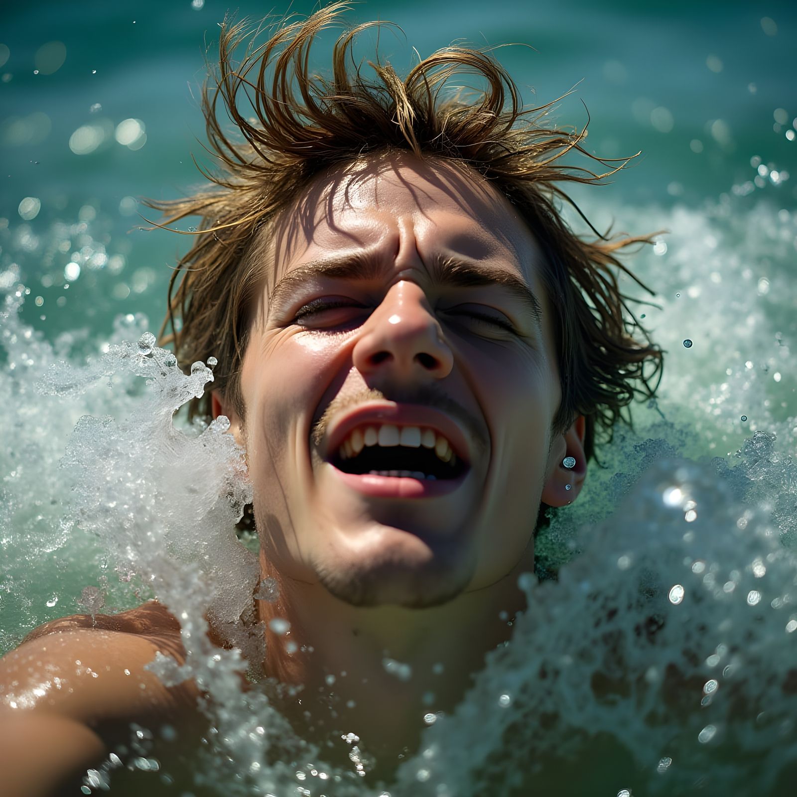 Man Breaking Water Surface in Dynamic Sunlight
