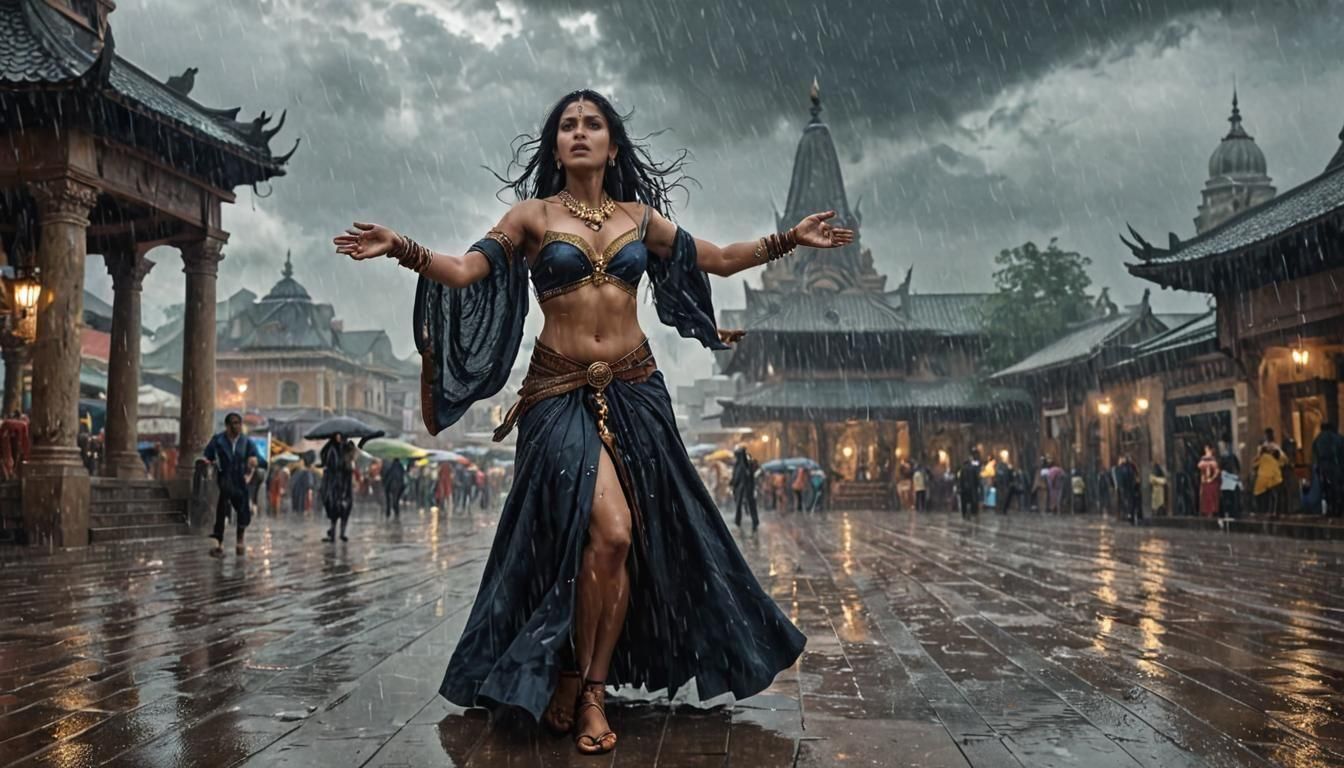 Hindi Witch Conjuring Powers in Stormy Plaza