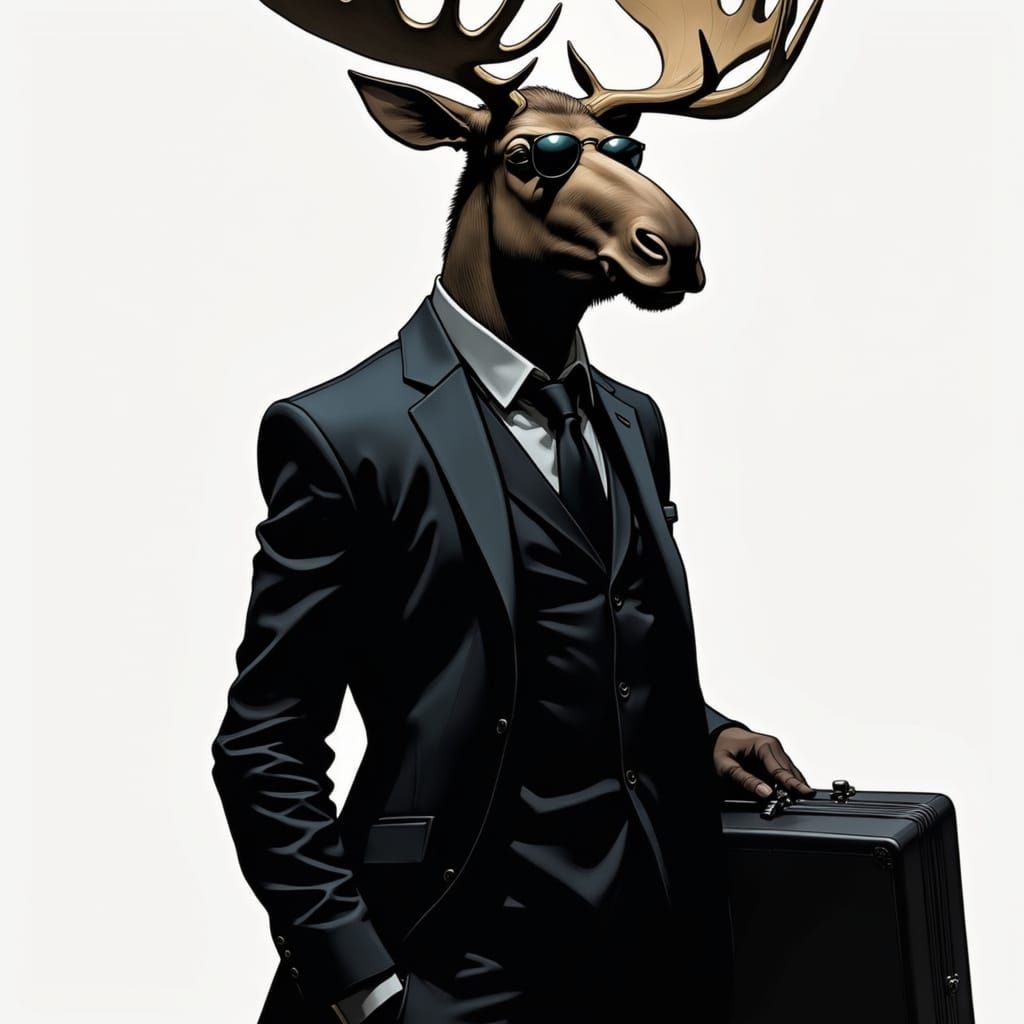 Moose in a Sleek Black Suit and Sunglasses, Holding a High-T...