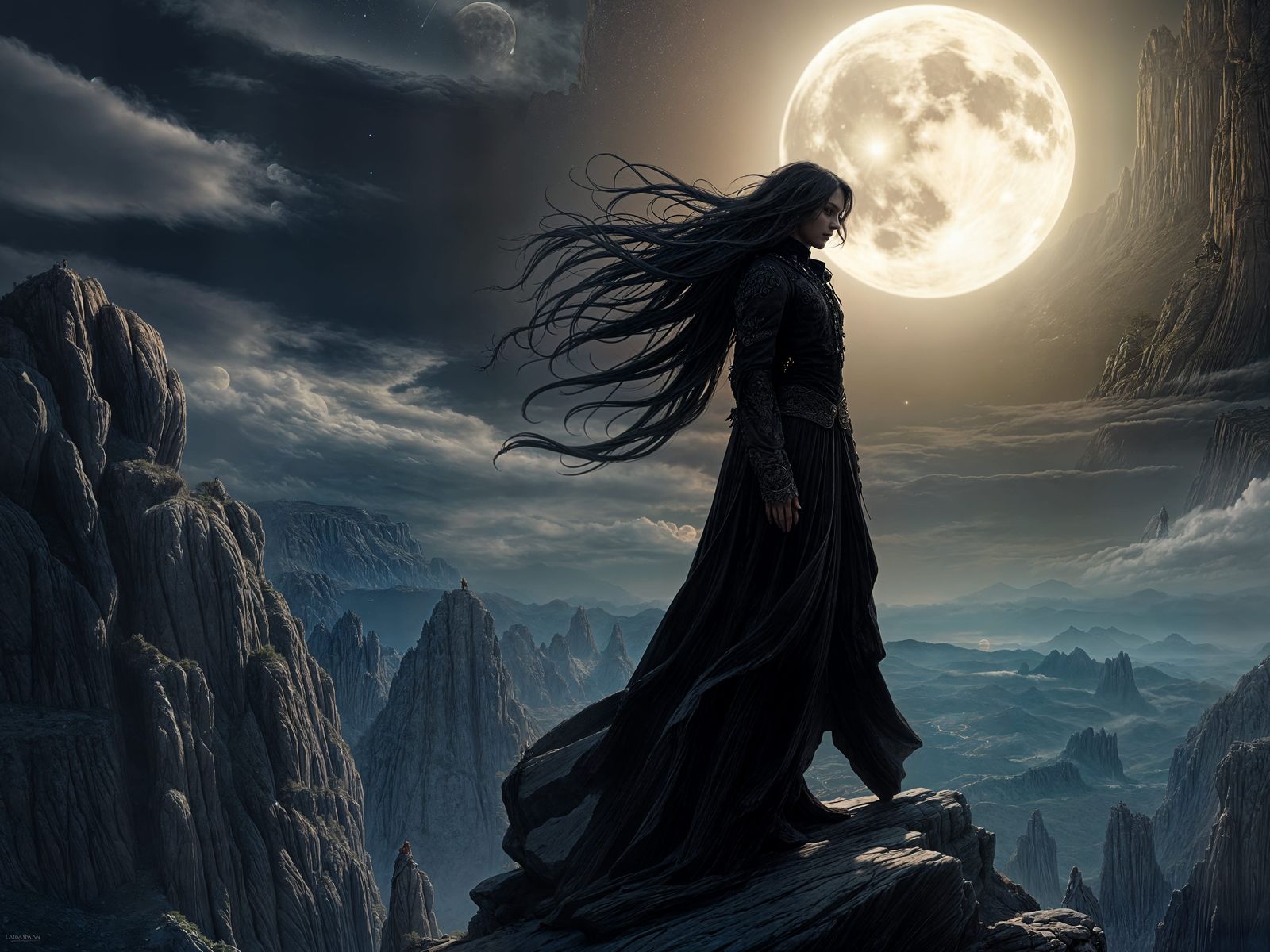 Gothic Figure Silhouetted on Windswept Cliff