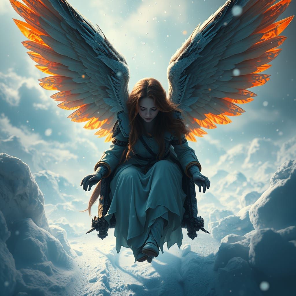Fallen Angel Crying in Snowy Landscape