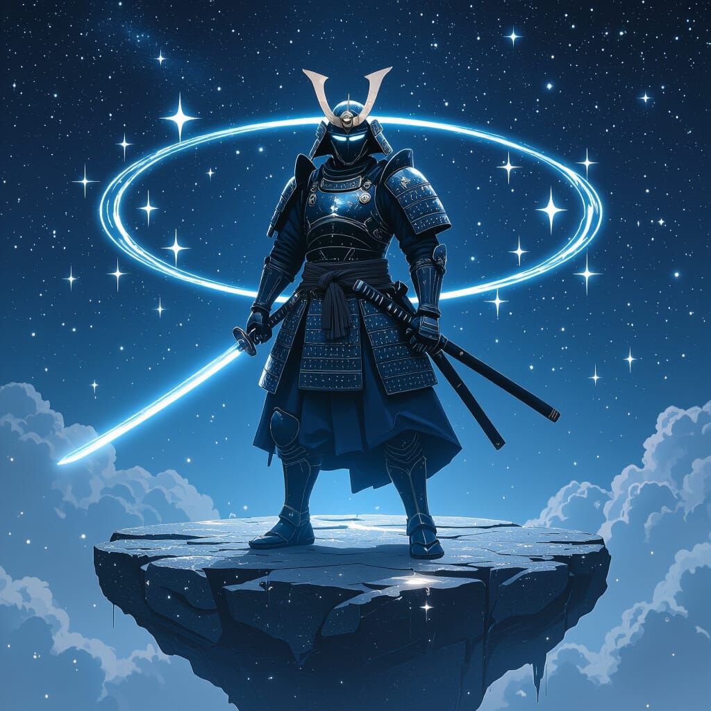 Samurai in Starry Void with Glowing Katana