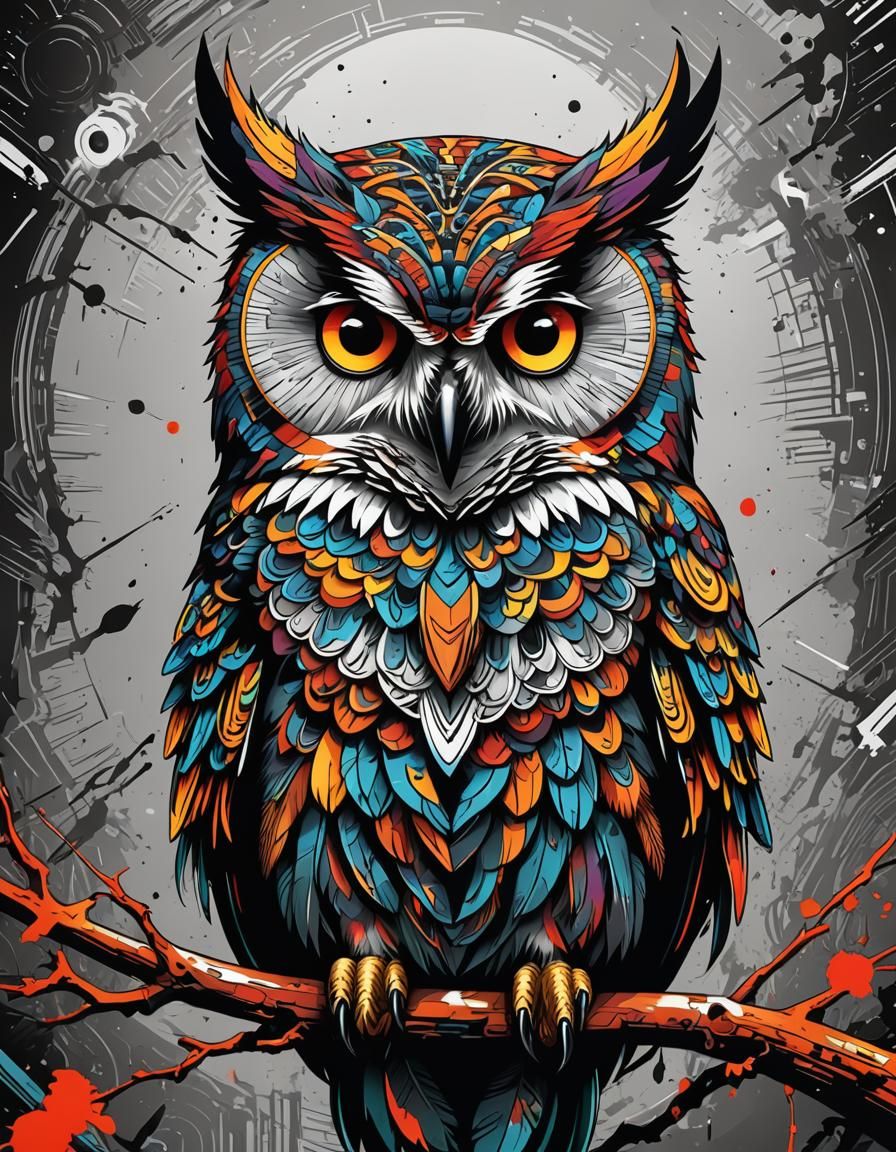 Pop Art Owl with Katanas in Vector Style