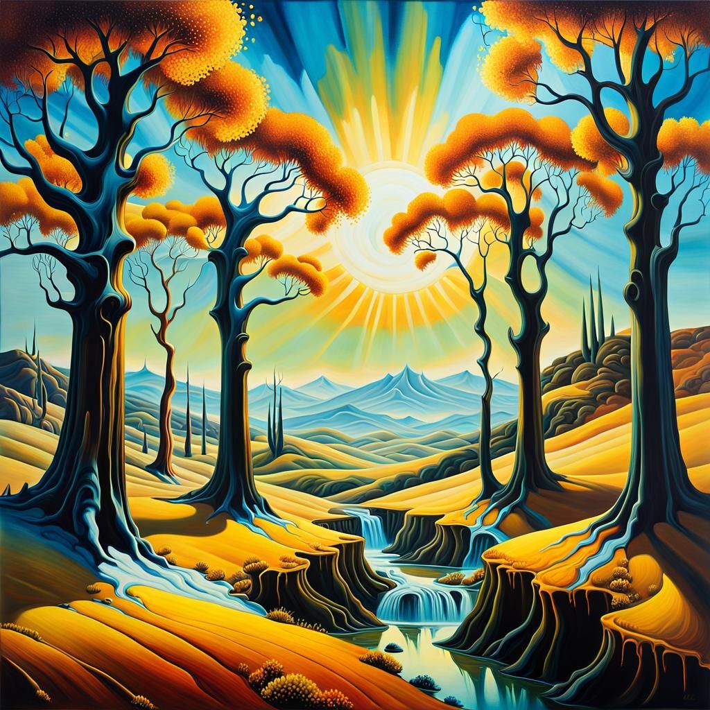 Surreal Dreamscape: Melting Trees in Golden Light