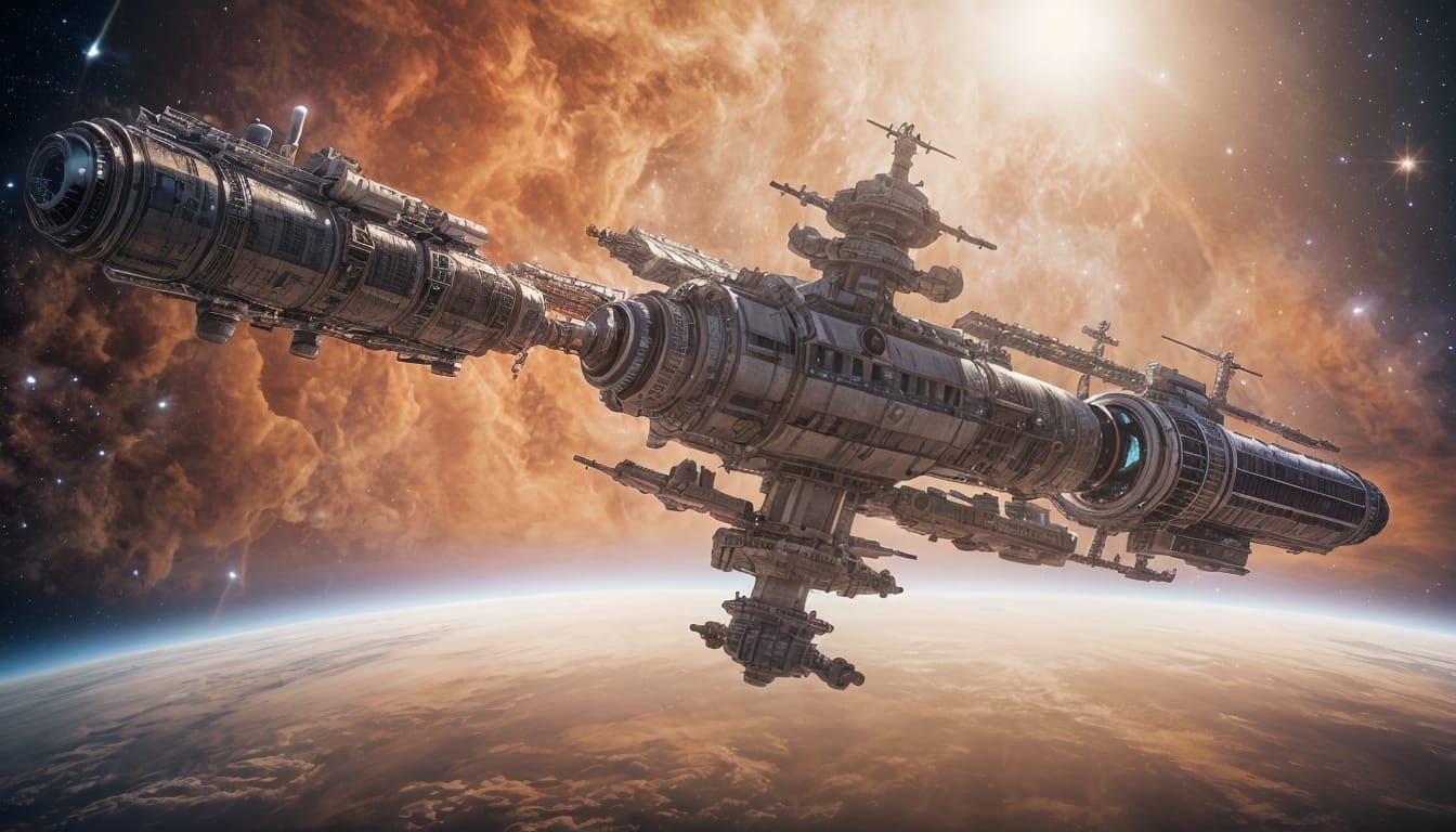 Gigantic Space Station Over Gas Giant Atmosphere