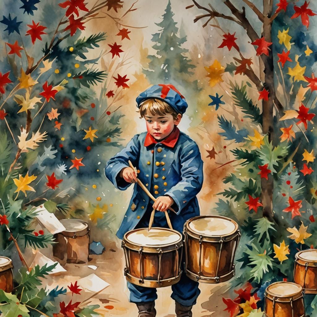 Little Drummer Boy in Gouache Watercolor Style