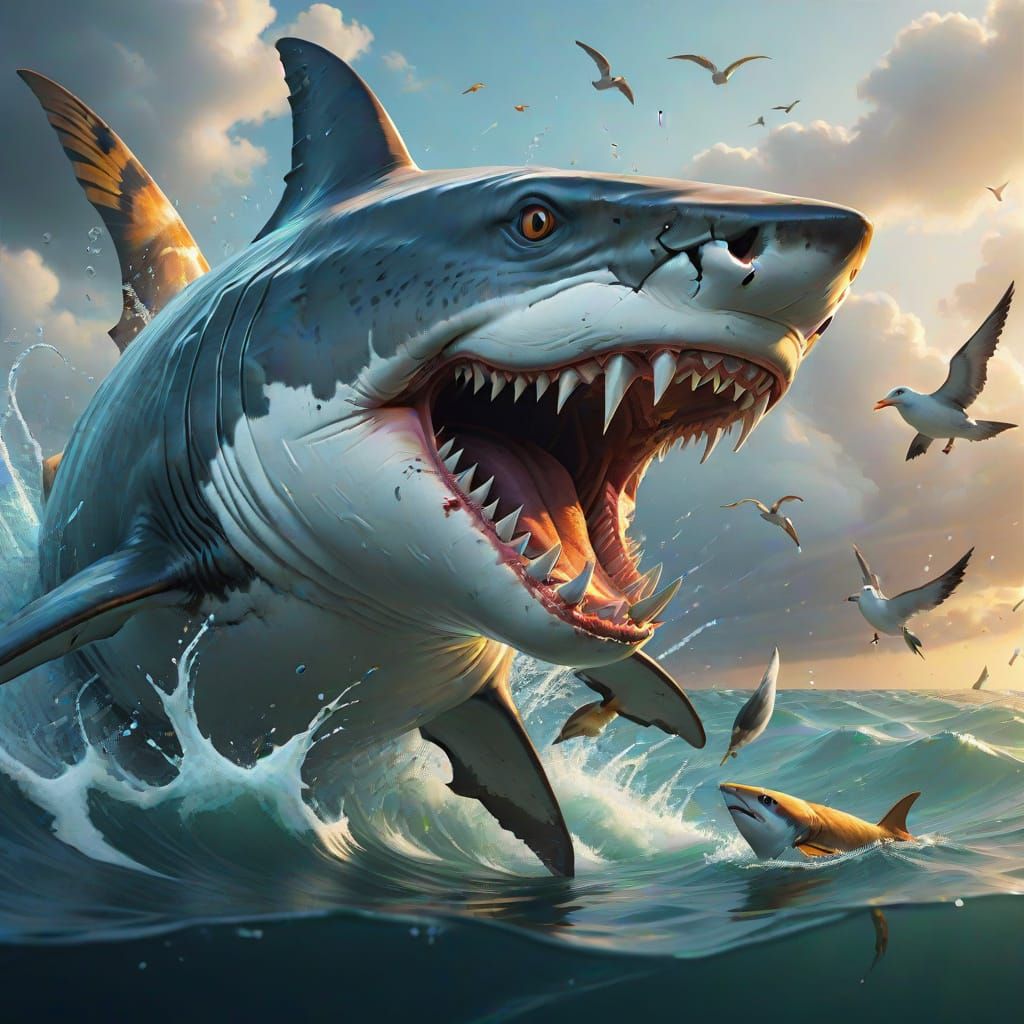 Vibrant Tiger Shark Confronts Seagull at Water's Edge in Hyp...