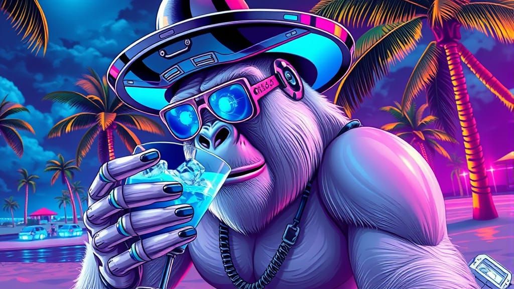 Cyberpunk Gorilla on Neon Beach with Cocktail