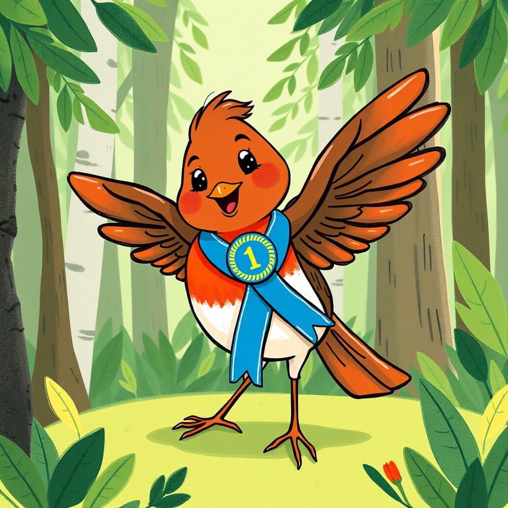 Cartoon Robin Bird Wins First Place Ribbon