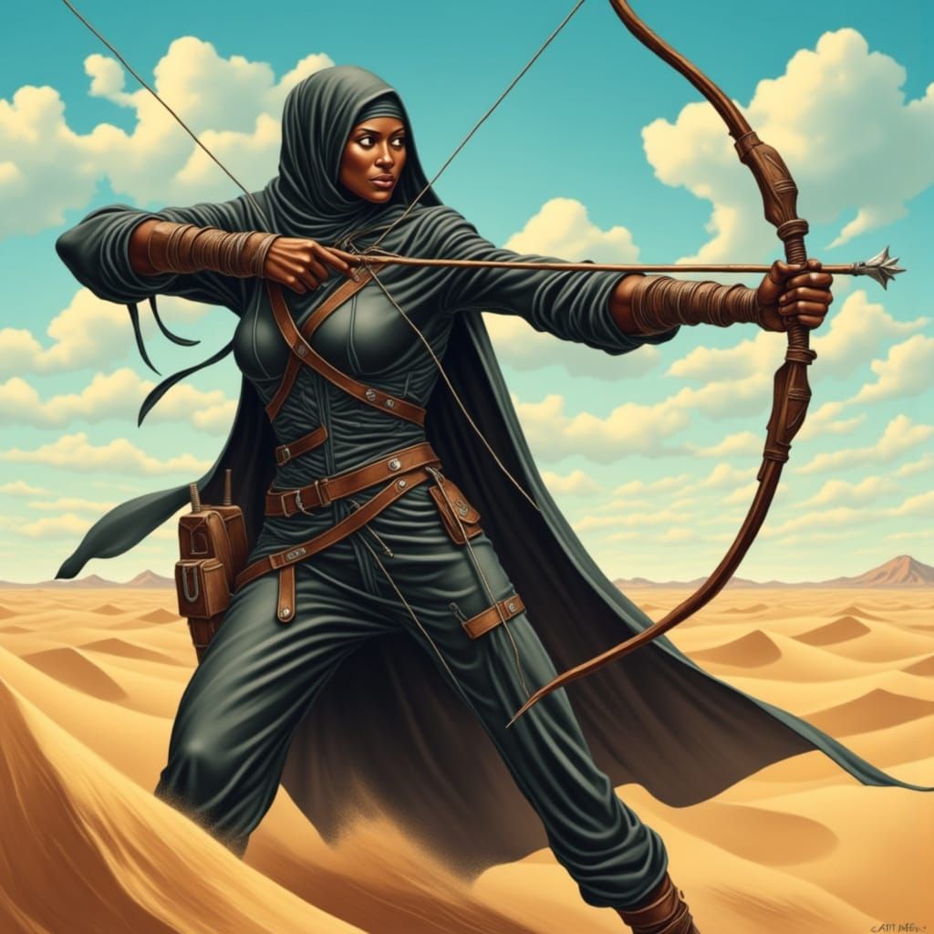 Fierce Desert Warrior Aims in Hyper-Realistic Landscape