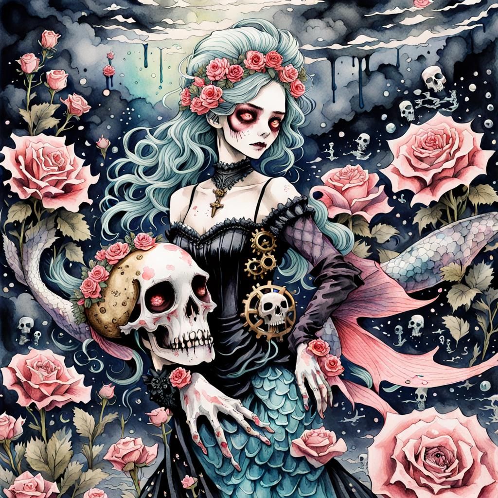 Zombie Mermaid Portrait in Dark Fantasy Watercolor Art