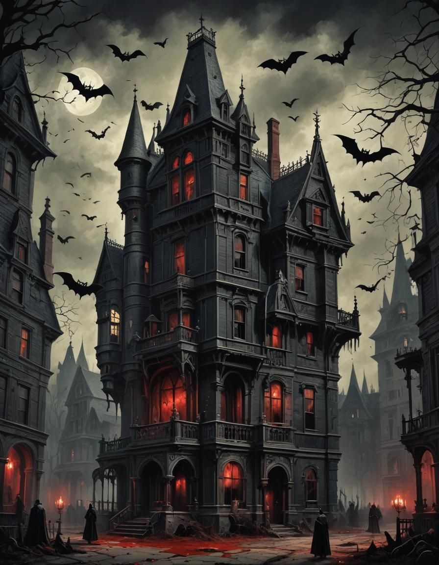 Dark Victorian Gothic Manor with Vampire Bat