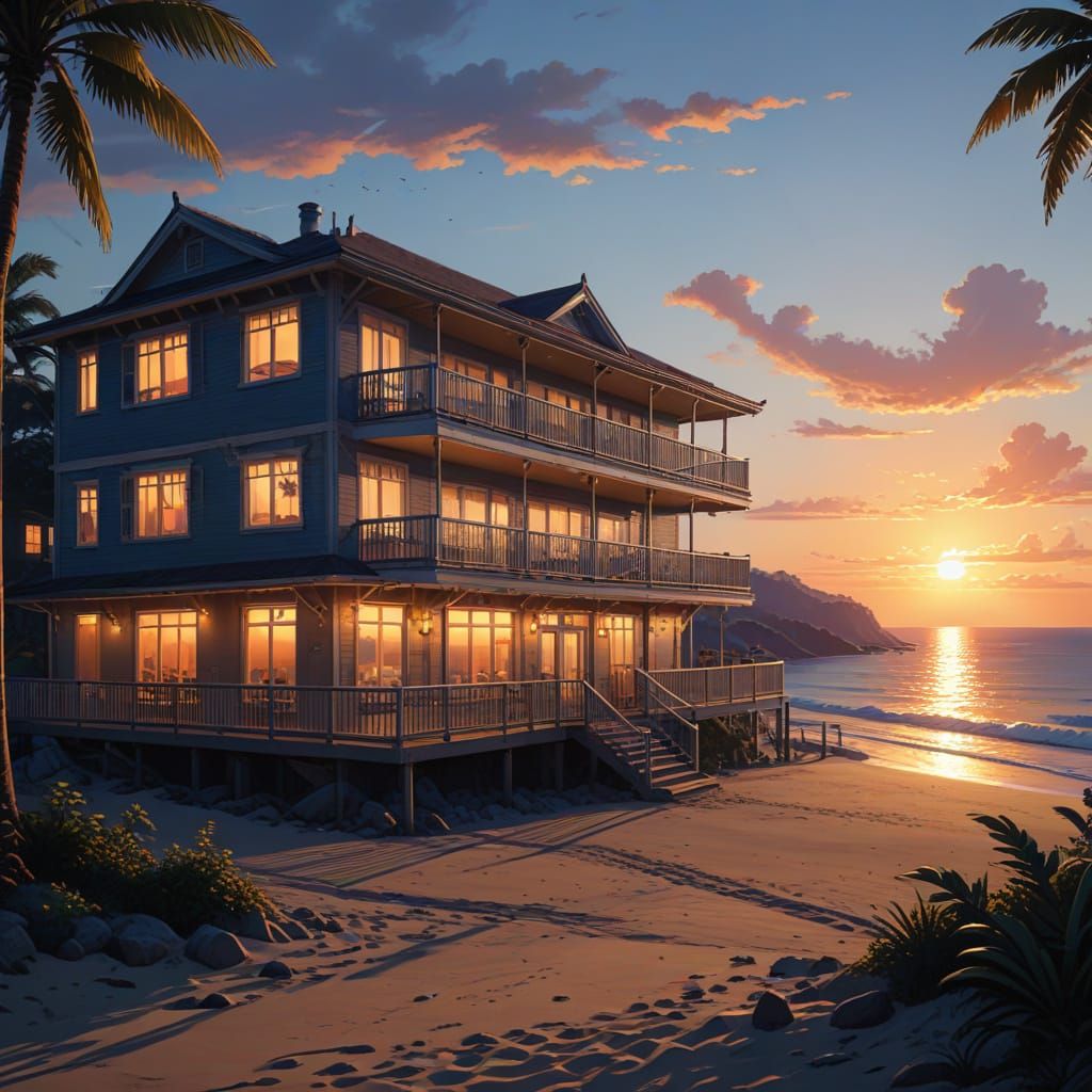 A Breathtaking Anime-Inspired Seaside Hotel Scene