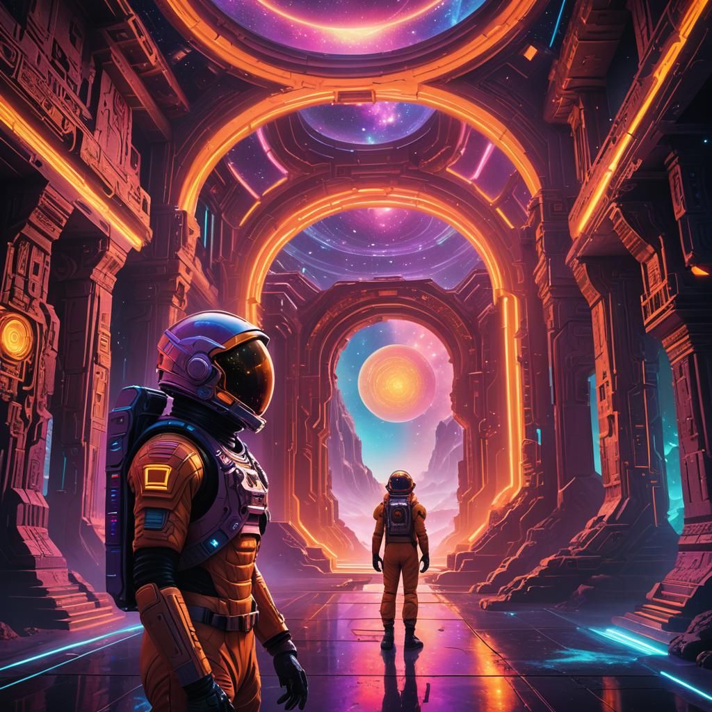 Astronaut Decodes Alien Message in Neon Temple