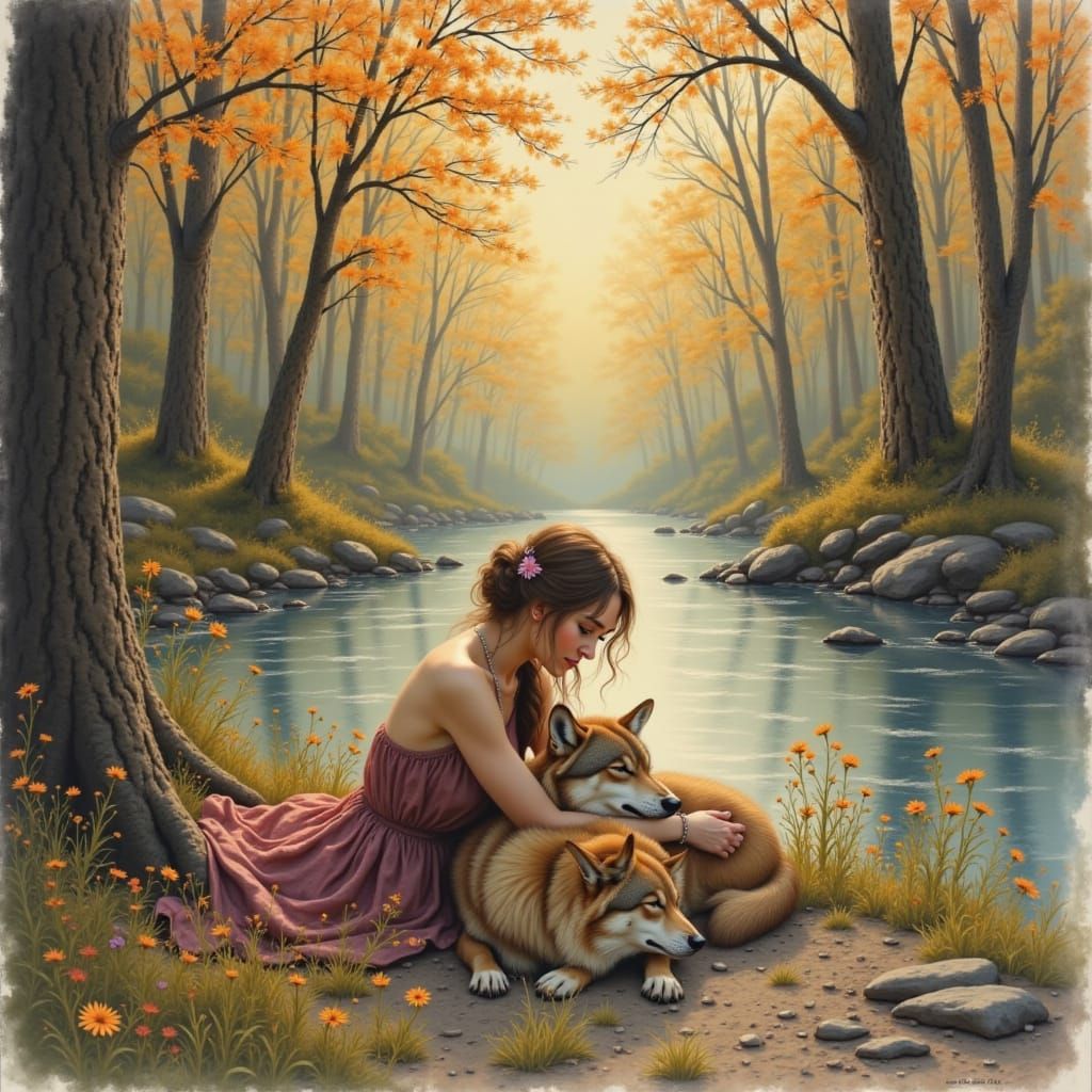 Woman and Wolf by River in Dreamy Forest Oil Painting