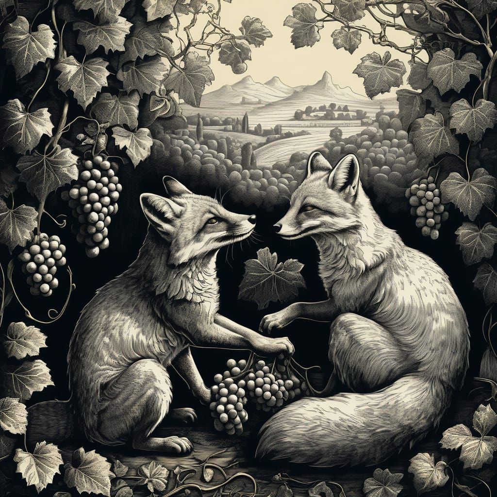 Whimsical Foxes in a Lush Vintage Vineyard Scene