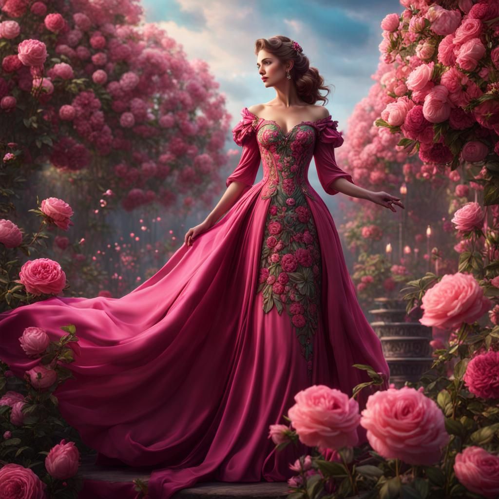 Woman in Floral Gown: Detailed Matte Painting